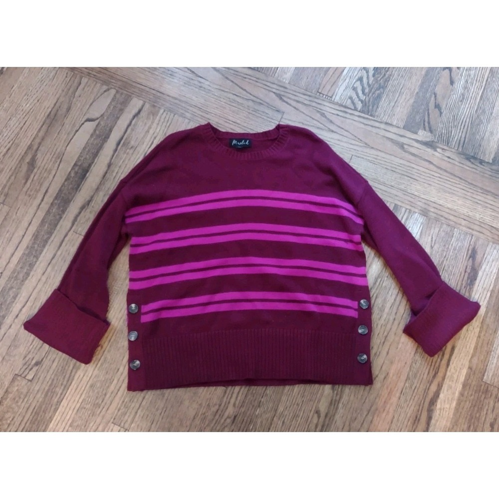Marled by Reunited Striped Sweater Medium Burgundy Fuchsia Side Button Knit M